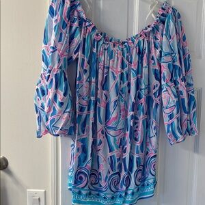 Lilly Pulitzer Blue and Pink Off-Shoulder Blouse